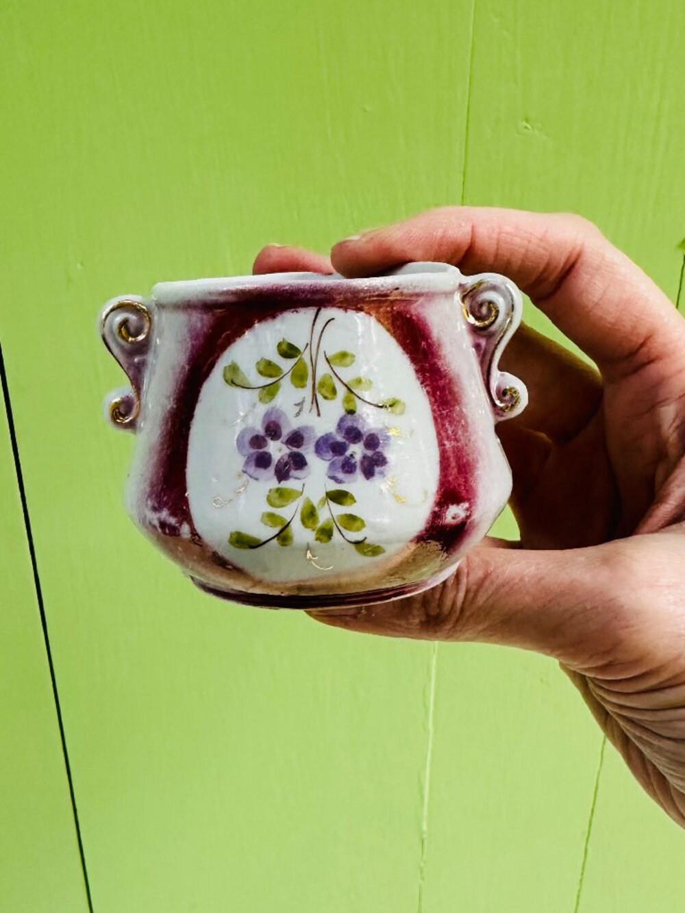 Vintage Hand Painted Nippon Style Mini Cachepot Purple Floral Porcelain Planter
